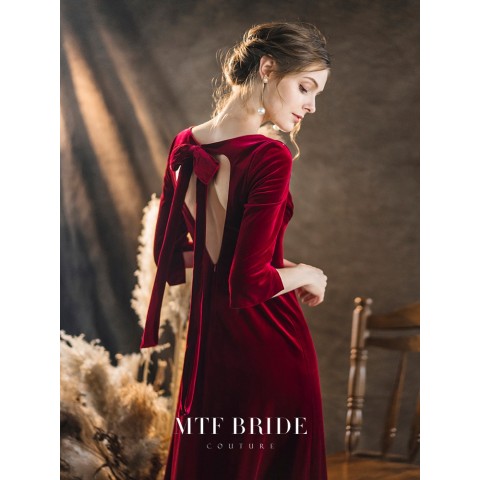 Burgundy V-neck Tie Back Velvet Party Dress