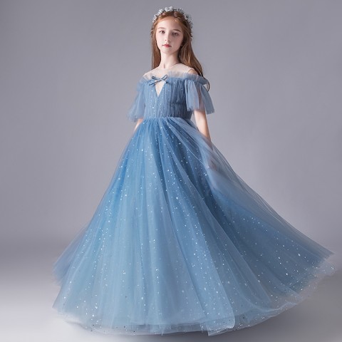 Special Neck Design Star Series Shiny Sequins Tulle Skirt Girls Pageant Dresses