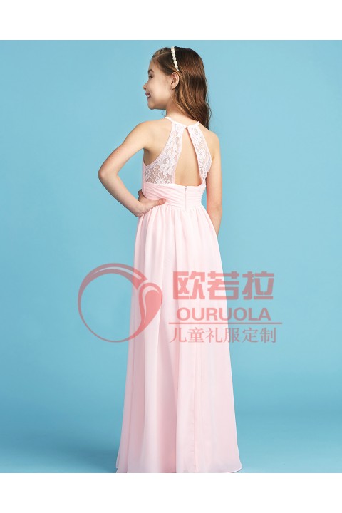 Halter Sleeveless Illusion Back Style Pleated Chiffon Junior Bridesmaid Dresses