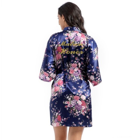 Floral Slogan Printed Tied Waist Silk Marton of Honor Robe