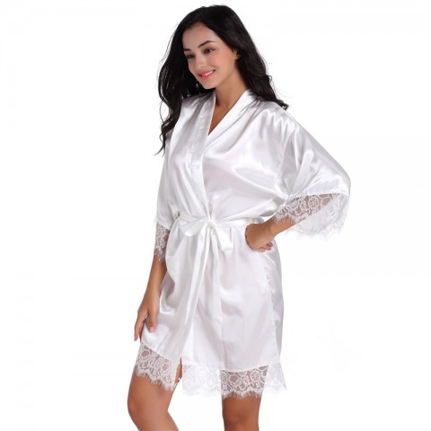 Hot Drilling Lace Crochet Silk Bride Robe with Tied Waist