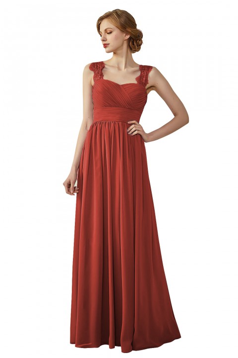 Pleated Long Chiffon Open Back Lace Strap Bridesmaid Dress