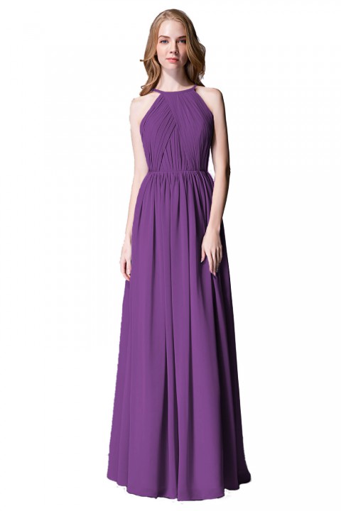 Pleated A-Line Halter Spaghetti-Straps Back Chiffon Bridesmaid Dress