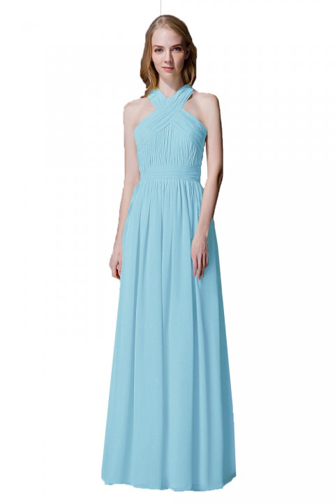 Criss-cross Halter Pleated Chiffon Bridesmaid Dress with Cross-straps Back