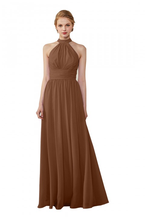 High Neck Chiffon Lace Triangle Back Halter Bridesmaid Dress