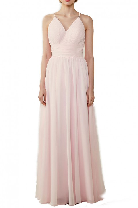 Spaghetti Straps V-Neck Bridesmaid Dress Open Back with Triangle Lace Detail