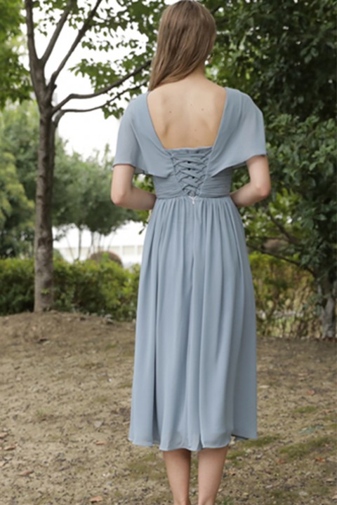 Short Sleeve V Neck Ruched Chiffon Bridesmaid Dress with Corsage Back