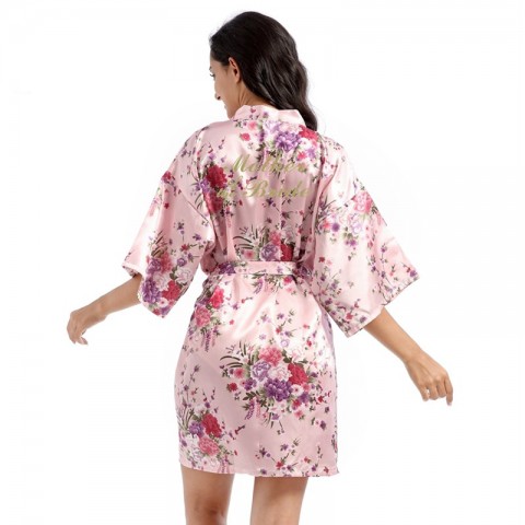 Floral Slogan Printed Tied Waist Silk Mother of the Bride Robe