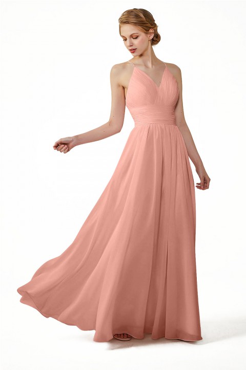 Spaghetti Straps V-Neck Bridesmaid Dress Open Back with Triangle Lace Detail