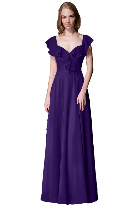 V Neck Cascading Ruffles Sleeve Bow Back Bridesmaid Dress 