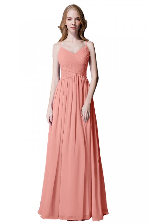 Spaghetti Straps Pleated Chiffon Bridesmaid Dress with Lace Open Back