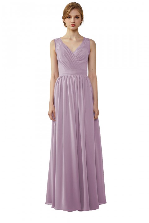 Lace Illusion Back Closure with Button Ruched V-Neck Bridesmaid Dress 