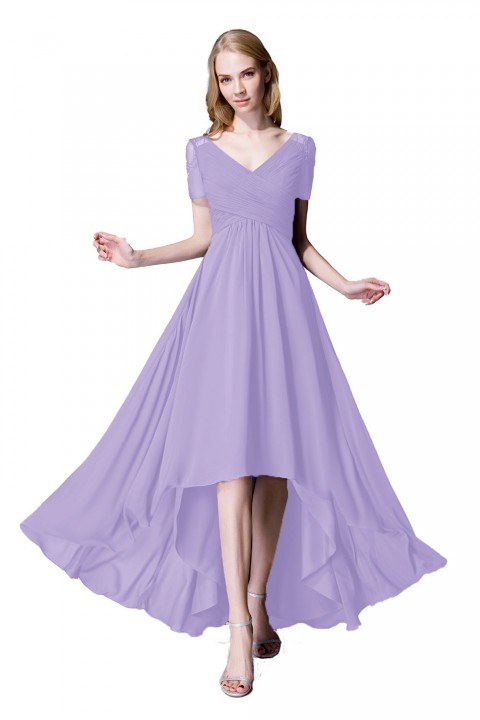 Criss Pleated V-neck High-low Chiffon Bridesmaid Dress with Illusion Sleeves