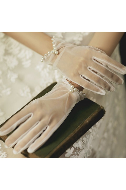 White Pearl Decor Soft Tulle Wedding Bridal Gloves