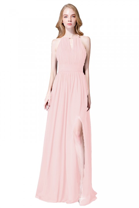 High-Neck with Keyhole Halter Tie Back Chiffon Bridesmaid Dress 