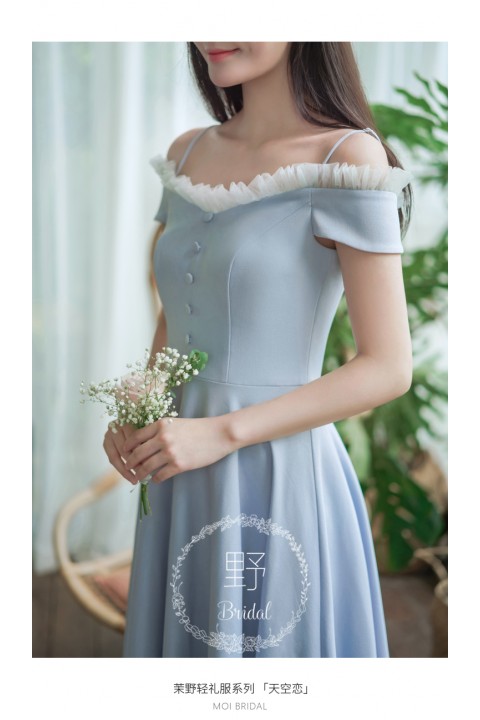 Crystal Blue Cold Shoulder Spaghetti Strap Button Decor High Waist Chiffon Bridesmaid Dress