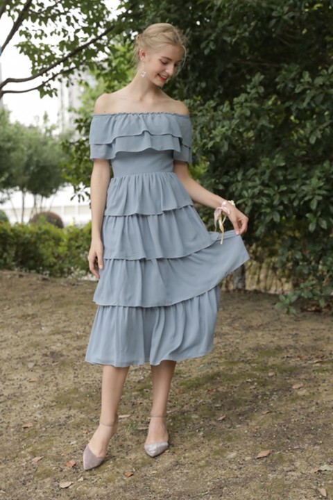 Off The Shoulder Layered Ruffles Chiffon Bridesmaid Dress with Corsage Back