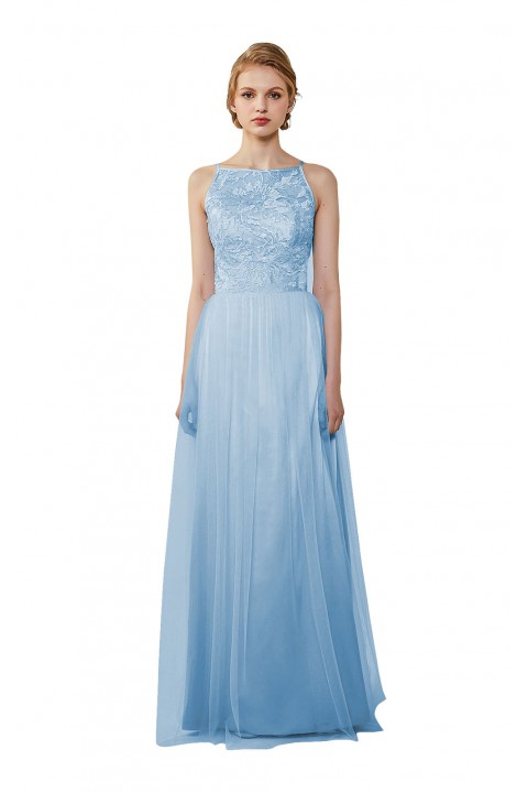 Tulle Lace Illusion Boatneck and Back Bridesmaid Dress with Keyhole 