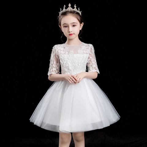 White Round Neck Short Sleeves Lace Princess Tulle Skirt  Flower Girl Dresses