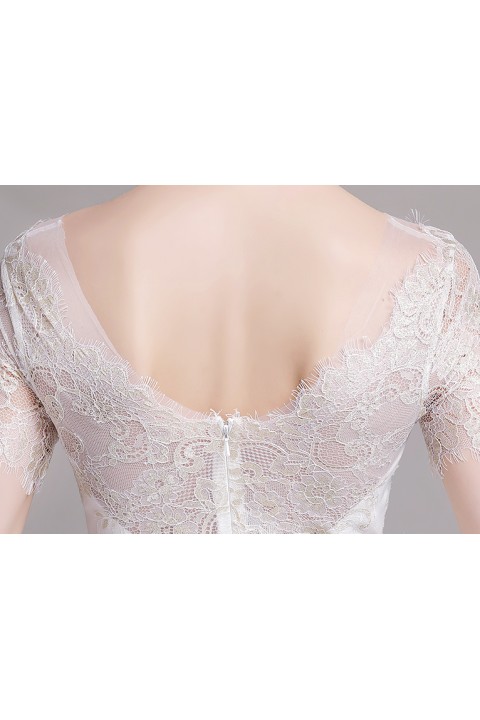 Illusion V Neck Short Sleeve Lace Mermaid Wedding Dress