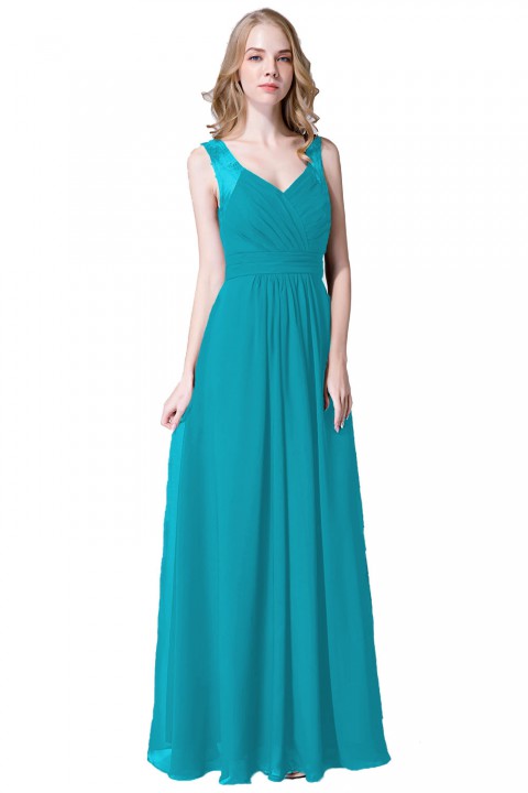 V Neck Illusion Lace Straps Keyhole Back Chiffon Ruched Bridesmaid Dress