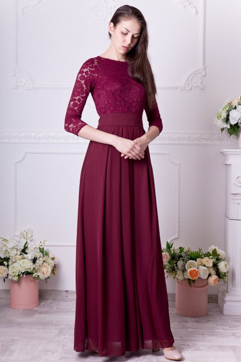 Lace 3/4 Sleeves Scoop Neck Bridesmaid Dress with Sash