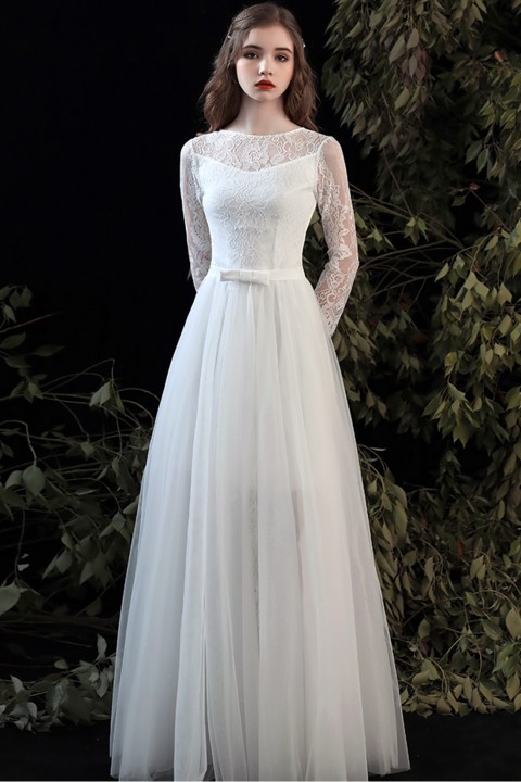 Illusion Neck Long Sleeve Lace Casual Wedding Dress with Detachable Tulle Skirt