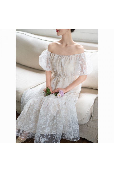 Fantasy Elegant White Off Shoulder Short Puff Sleeves High Waist Floral Lace Bridesmaid Dress