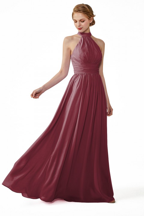 High Neck Chiffon Lace Triangle Back Halter Bridesmaid Dress