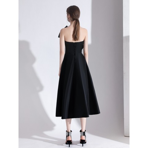 Off Shoulder Big Black Bow Design Sleeveless Velvet Party Dress