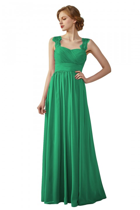 Pleated Long Chiffon Open Back Lace Strap Bridesmaid Dress