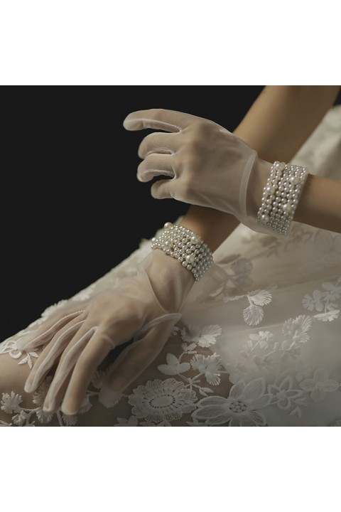 White Handmade Beads Decor Tulle Wedding Bridal Gloves