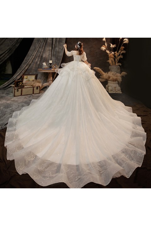 Plus Size 2021 Round Neck Puff Sleeves Beaded Ruffle Peplum  Skirt Decor Tulle Wedding Dress