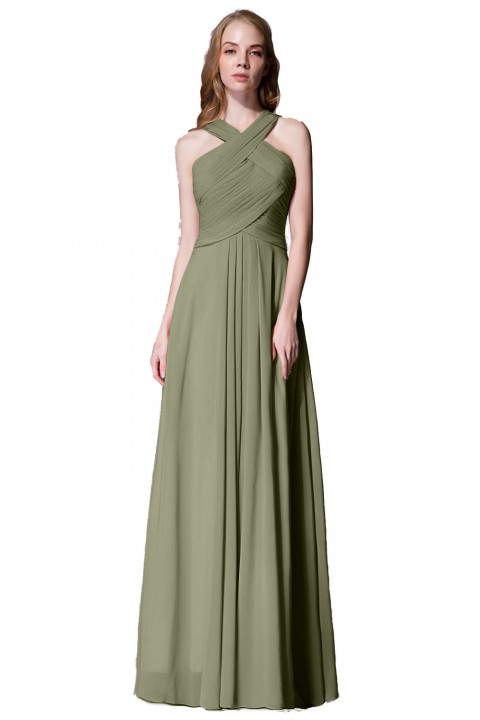 Chic Criss-cross Halter Pleated Chiffon Bridesmaid Dress Long