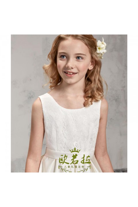 Round Neck Embroidery Bright Satin Skirt Junior Bridesmaid Dresses