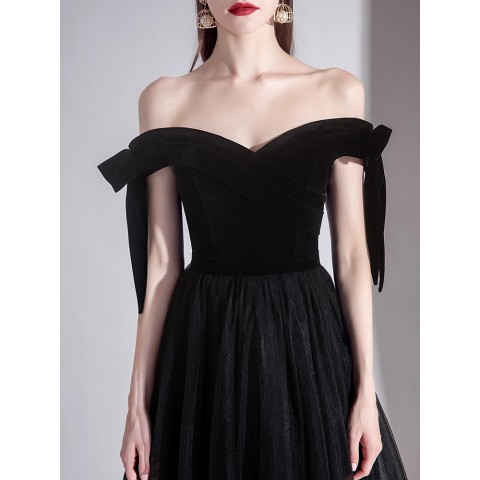 Black Sweetheart Bow Straps Shoulder Design Tulle Skirt Velvet Party Dress