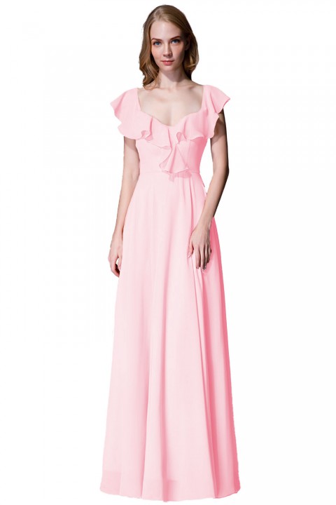 V Neck Cascading Ruffles Sleeve Bow Back Bridesmaid Dress 