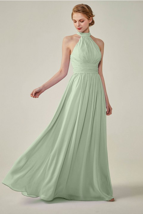 High Neck Chiffon Lace Triangle Back Halter Bridesmaid Dress