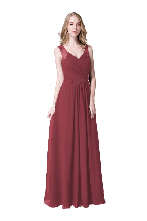 V Neck Illusion Lace Straps Keyhole Back Chiffon Ruched Bridesmaid Dress