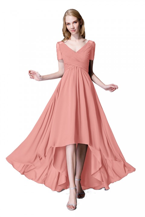 Criss Pleated V-neck High-low Chiffon Bridesmaid Dress with Illusion Sleeves