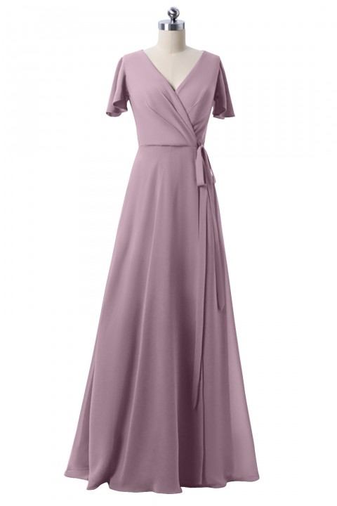 V-neck Short Sleeves Side Slit Skirt Chiffon Bridesmaid Dress with Belt