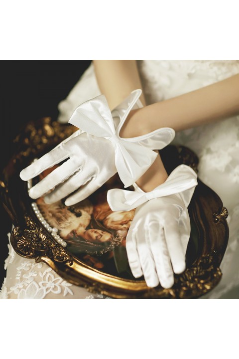 White Big Bow Decor Bright Satin Wedding Bridal Gloves