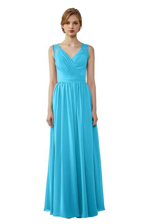 Lace Illusion Back Closure with Button Ruched V-Neck Bridesmaid Dress 