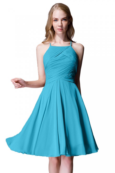 Elegant Halter Tea Length Pleated Chiffon Bridesmaid Dress with Tie Back