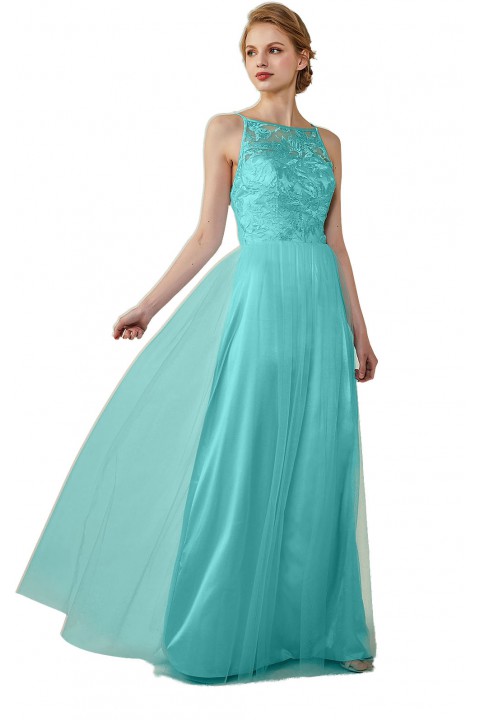 Tulle Lace Illusion Boatneck and Back Bridesmaid Dress with Keyhole 