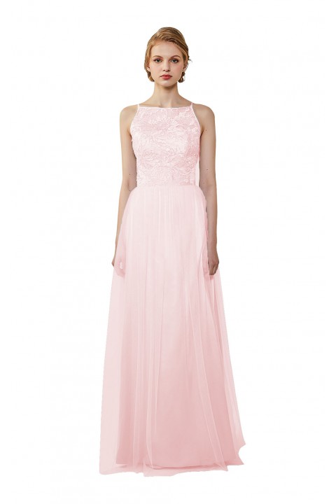 Tulle Lace Illusion Boatneck and Back Bridesmaid Dress with Keyhole 