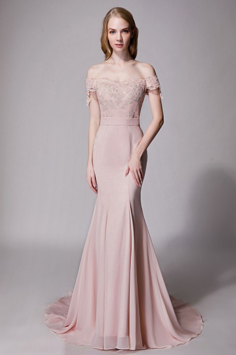 Elegant Mermaid Off Shoulder Chiffon Lace Straight Bridesmaid Dress with Train