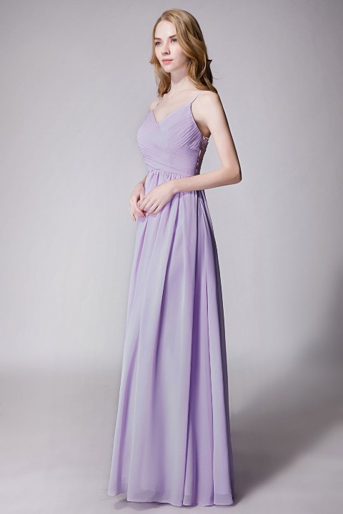 Spaghetti Straps Pleated Chiffon Bridesmaid Dress with Lace Open Back