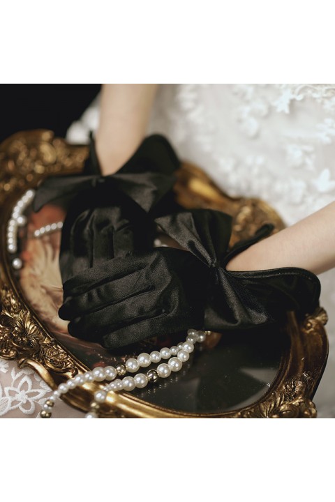 White Big Bow Decor Bright Satin Wedding Bridal Gloves