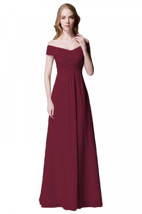 Crisscross Off-the-Shoulder Pleated V-back Bridesmaid Dress Long